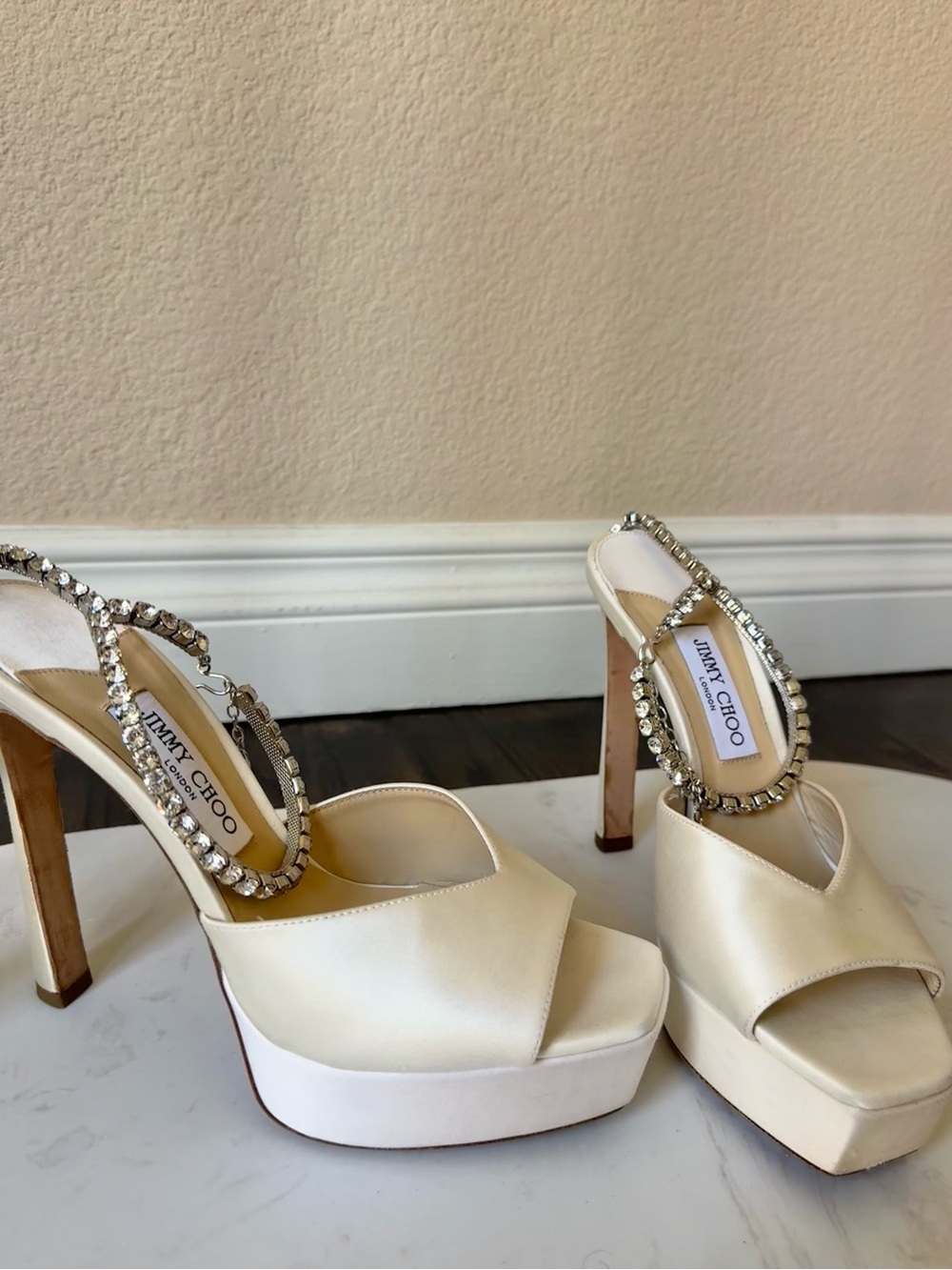 Jimmy Choo White Platform High Heel Sandals with Rhinestone Ankle Chain - Picture 6 of 16